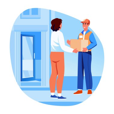 Teslimatçı çocuğun müşteriye paket vermesinin düz bir çizimi.