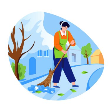 Yolu süpürgeyle süpüren bir karakterin düz stil çizimi