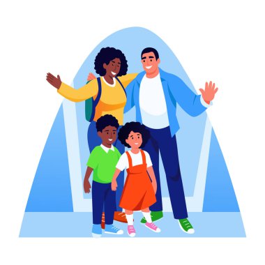 Şirin, mutlu bir ailenin düz bir çizimi.