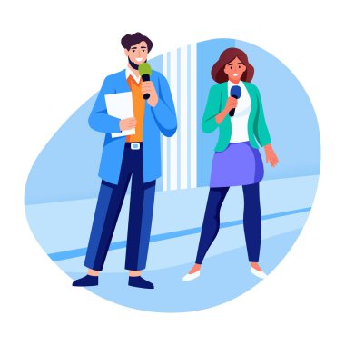 Elinde mikrofon olan iki gazetecinin düz çizimi