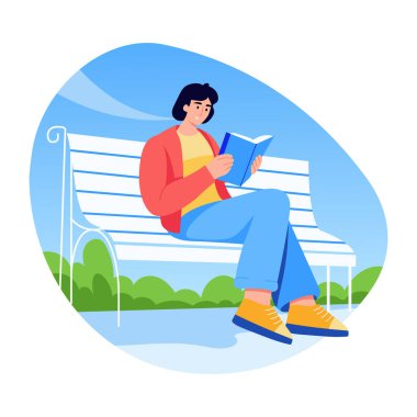 Açık havada okuma yapan bir karakter, düz stil çizimi
