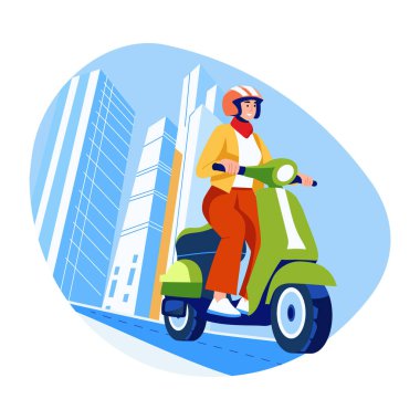 Şehir yollarında scooter süren bir karakter, düz stil çizimi.