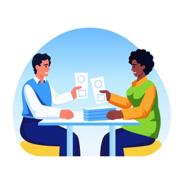 Birbiriyle konuşan iki karakterin düz stil çizimi