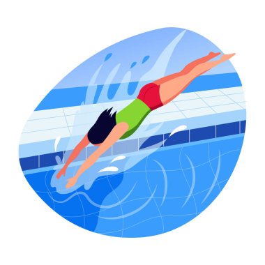 Yüzme karakteri havuza dalıyor, düz stil illüstrasyon