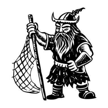 Viking balıkçısının elinde balık ağı var. Klasik bir resim.