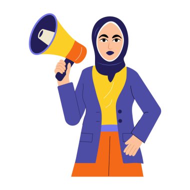 Elinde hoparlör tutan Müslüman feminist karakter.