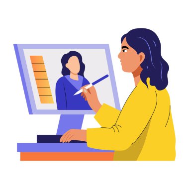 Bir kadın grafik tasarımcısının düz bir çizimi