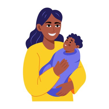 Kucağında bebek tutan bir annenin düz çizimi