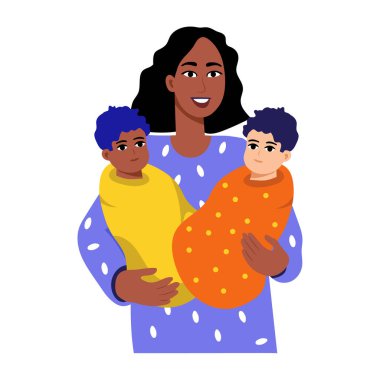 İki bebeği tutan bekar bir annenin düz bir çizimi.