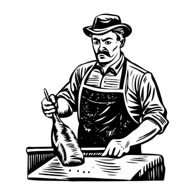 Et kesen bir kasap, el çizimi illüstrasyon.