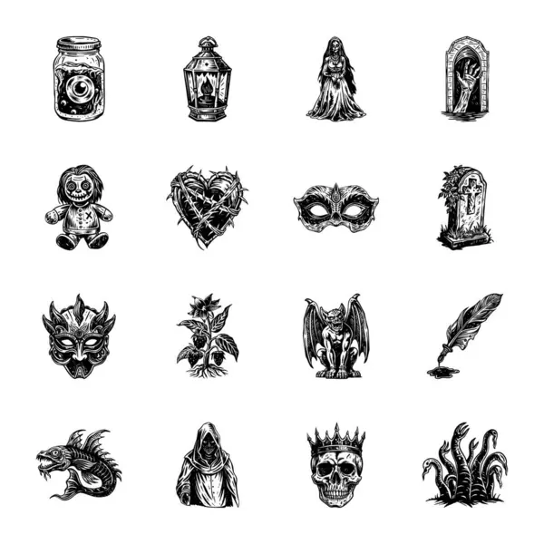 Cadılar Bayramı ve eski ikonun vektör çizimi. Cadılar bayramı koleksiyonu ve ağ için korkunç hisse senedi sembolü.