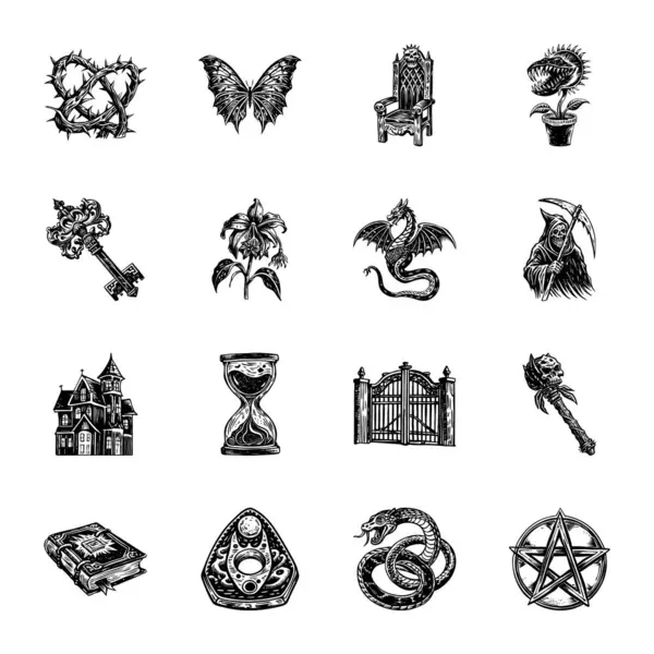 farklı sihirli sembollerle donatılmış. El çizimi vektör çizimi.