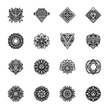 vektör siyah ve beyaz çiçek elementleri ayarlandı