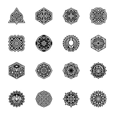 Siyah ve beyaz dekoratif mandala elementlerinin vektör kümesi.