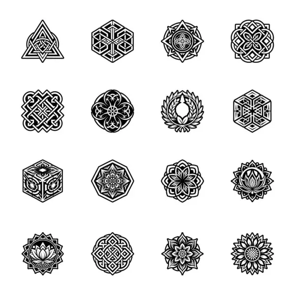 Siyah ve beyaz dekoratif mandala elementlerinin vektör kümesi.