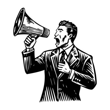 Hoparlörden duyuru yapan bir karakter, klasik illüstrasyon