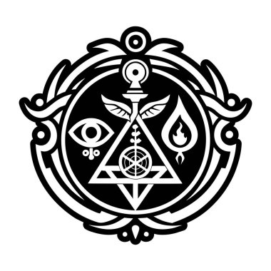 Yıldızlı pentagramın kutsal kalbinin mistik gözü. Ezoterik sembol, ezoterik sembol. Vektör çizimi. siyah