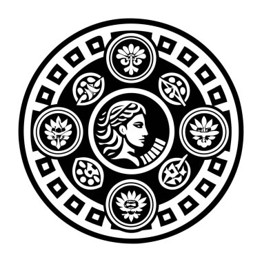 siyah ve beyaz yuvarlak siluet ve Yunan süsü