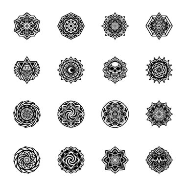 Bir takım siyah mandalalar. Yuvarlak süsler. vektör illüstrasyonu.