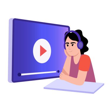 Ses çalışması yapan bir öğrenciyi betimleyen düz stil çizimi