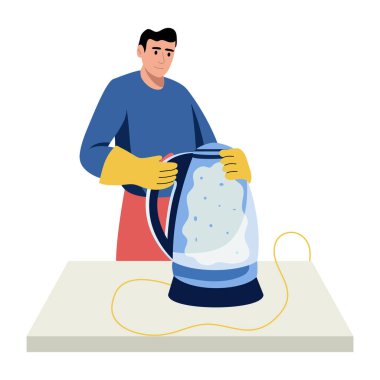 Bir karakter temizleme su ısıtıcısını gösteren düz bir çizim