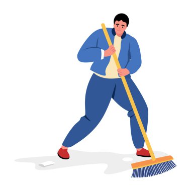 Yerleri süpüren kişiyi gösteren düz bir çizim