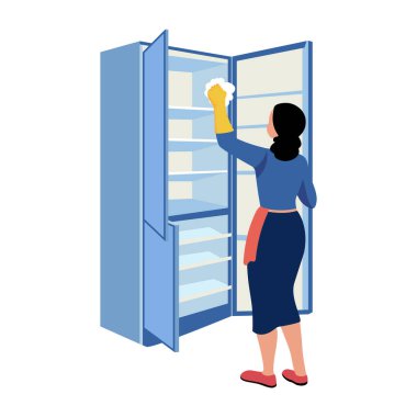 Buzdolabını temizleyen birini gösteren düz bir çizim.