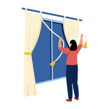 Perdeleri bağlayan kişiyi gösteren düz bir resim