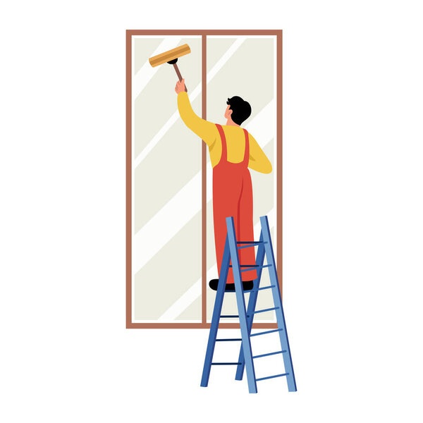 A flat style illustration showing a person cleaning glass
