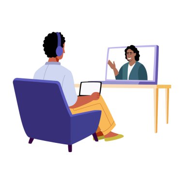 Çevrimiçi terapi alan bir karakter, düz stil illüstrasyon