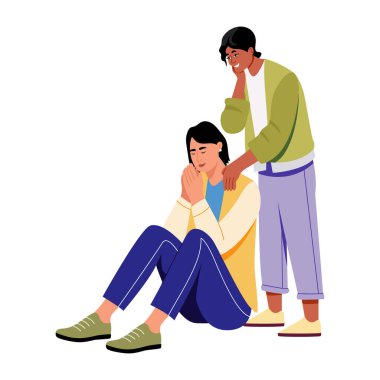 Bir karakteri diğerini rahatlatırken gösteren düz bir çizim