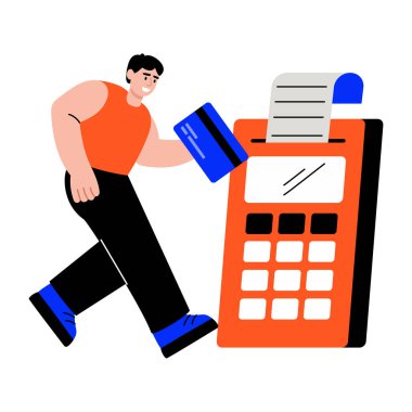 Bir kişinin kart uçbirim makinesini kullandığını gösteren düz bir çizim