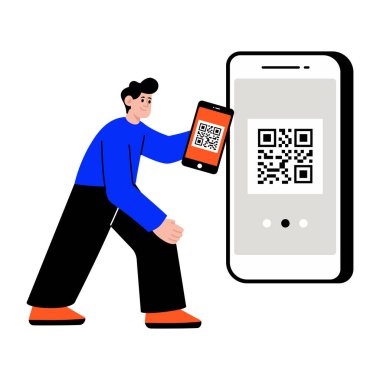 qr kodunu tarayan kişiyi gösteren düz bir biçim çizimi