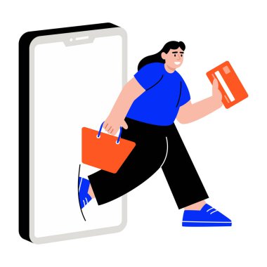 Çevrimiçi alışveriş yapan birini gösteren düz bir çizim