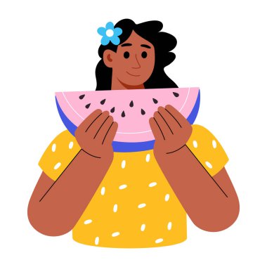 Bir insanın karpuz yediğini gösteren düz bir resim.