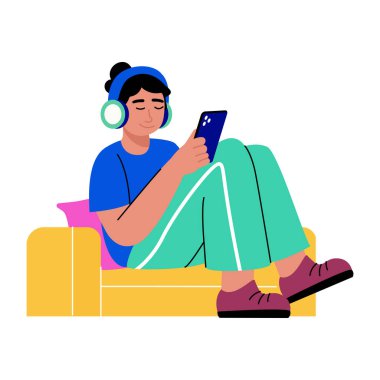 Düz stil illüstrasyon kulaklıkla karakter dinleyen müziği gösteriyor