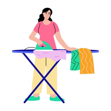 Evde giysileri ütüleyen karakteri gösteren düz biçim illüstrasyonu