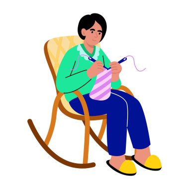 İplikle örgü ören karakteri gösteren düz bir çizim