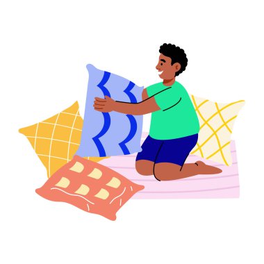 Yastıkları düzenleyen bir karakteri gösteren düz bir çizim