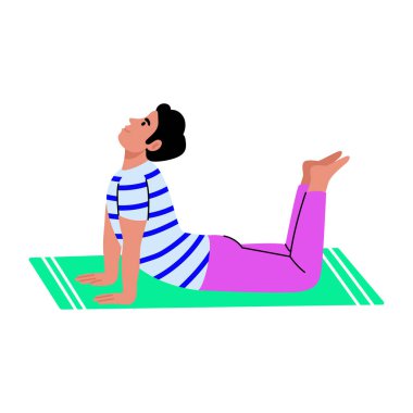 Matta üzerinde yoga yapan kişiyi gösteren düz bir çizim.