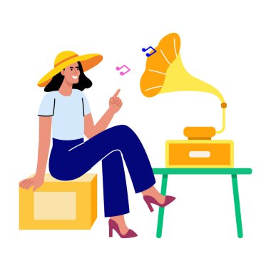 Müzik dinleyen bir karakteri gösteren düz bir çizim