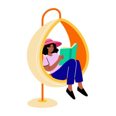 Düz çizim, yumurta sandalyesinde oturan bir karakteri gösteriyor.