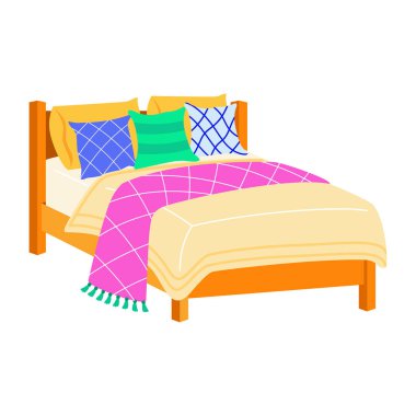 Yastıklı ve battaniyeli yatağı gösteren düz bir resim.