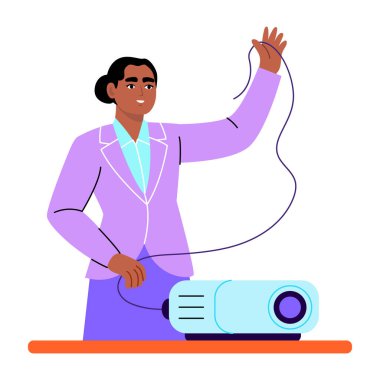 Öğrenci düzeltme projektörünü gösteren düz bir çizim