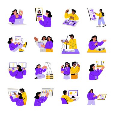 Bir grup iş adamı vektör illüstrasyonu. Belgeleri, belgeleri ve belgeleri olan işadamları, ofis çalışanları..