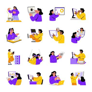 Farklı aletlerle çalışan bir grup insan. Vektör çizimi. düz dizayn.