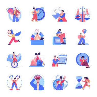 Spor aktiviteleri yapan bir grup insan, beyaz arka planda izole edilmiş düz vektör çizimi.