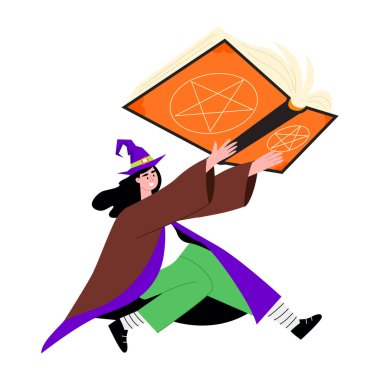 Cadı kitabını gösteren düz bir çizim