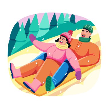 Kızaktan hoşlanan iki kişiyi gösteren düz bir çizim