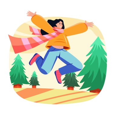 Mutlu zıplayan bir karakteri gösteren düz çizimler